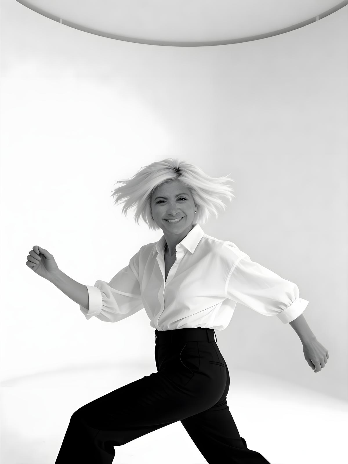 Joanna Maragos leaping joyfully in a black and white studio shot
