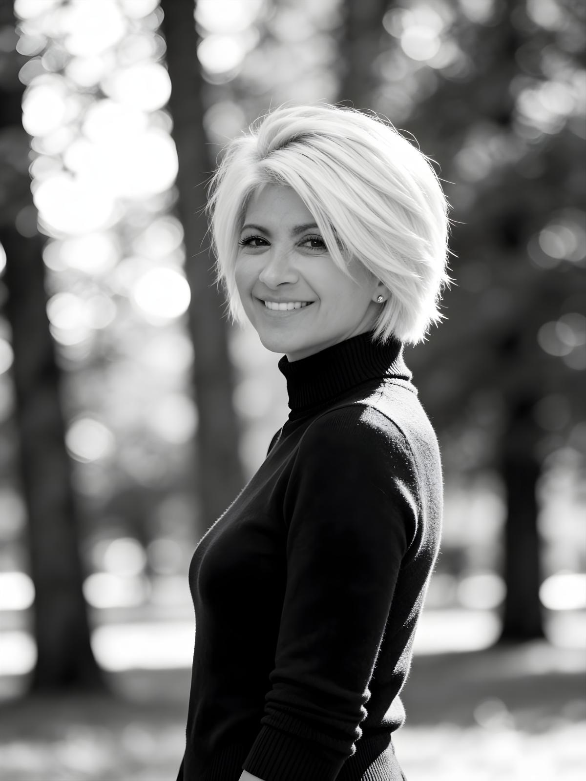 Joanna Maragos smiling in a black and white portrait among trees